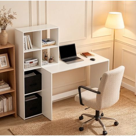 Bureau d'angle 140,5x134x50 cm en bois blanc, avec rangement, pour bureau FloraGrace (1/4)