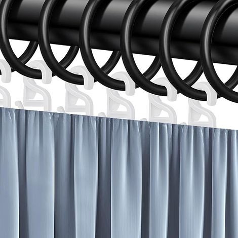 60 Pièces Anneaux Rideaux en Plastique Ronds Silencieux avec 60 Crochets Anneaux pour Tringle à Rideaux Noirs Diamètre intérieur 30 mm pour Fenêtre Rideaux de Douche Tringles