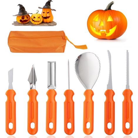 Halloween-Kürbisschnitzset, Edelstahl, mit Aufbewahrungsbeutel, orangefarben, zum Selbermachen (1/5)