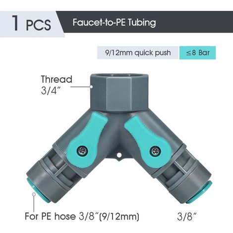 (1 connecteur en Y) Raccords de tuyau PE 3/8'' Raccords d'eau pour tuyau PE Adaptateur de raccordement de tuyau de robinet Té égal réduit Coude droit Piquets de vanne (1/5)