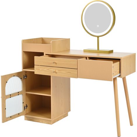 Schminktisch-Set mit LED-Spiegel in 3 Lichtfarben, Spanplatte natur, 120 x 40 x 90 cm (1/5)