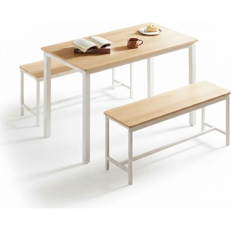 ELVMI Conjunto de Mesa y Sillas con 1 Mesa de Comedor y 2 Bancos para 4 Personas, Tablero de Partículas y Acero, Natural y Blanco (1/5)