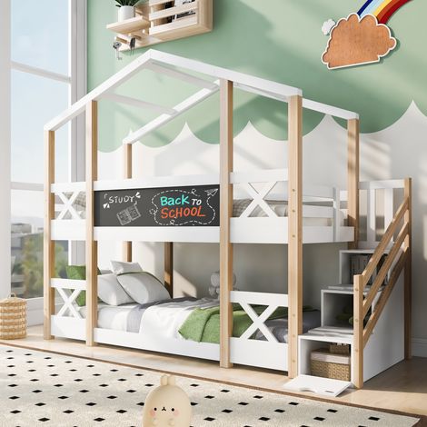 Letto a castello per bambini 90x200 cm con scala portaoggetti e rete a doghe, bianco, senza materasso (1/5)