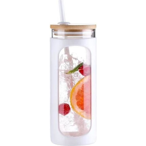 600ml Bouteille d'Eau avec Couvercle, Verre avec Paille, Gobelet d'Eau avec Manchon en Silicone pour Boisson, Café, Soda - Blanc (1/4)