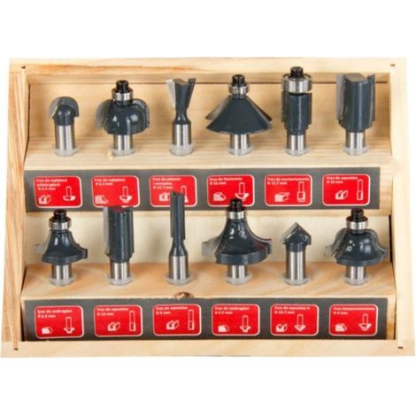 Punte A Fresa In Cassetta Legno. Gambo Ø Mm 8. Intaglio Ø Mm 6-9.5 - 9.5 (R.4,75) 9.5 (Angolo 90°) - 12-12.7 - 12.7 (Angolo 14°) - 16-22.2 (R.4,75) - 22.2 (R.6,35) - 25.4-27 (Angolo 45°).
