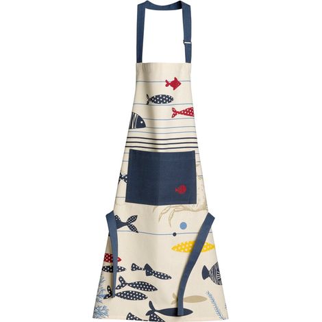 Tablier de Cuisine pour Adulte en Pur Coton Écru Motif Océan avec Poche 72 x 85 cm - PANGIVO