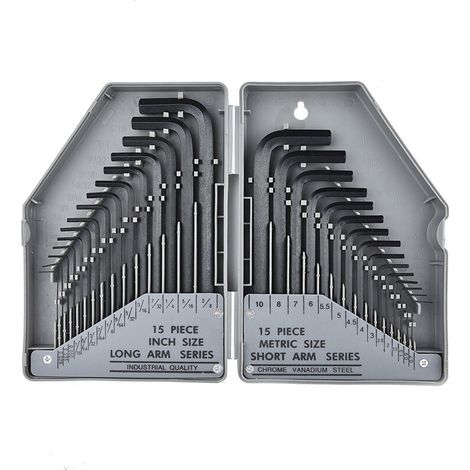 Set di 30 chiavi a brugola in pollici e misure metriche da 0,7 a 10 mm. Chiavi a brugola professionali (grigie)