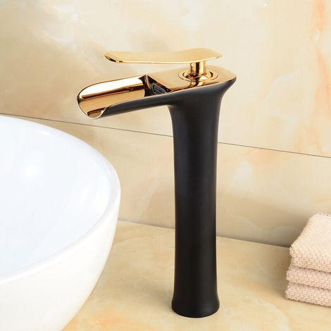 Modern Bathroom Faucet, Bathroom Faucet, Single-Lever Basin Mixer Tap with Hot and Cold Water Settings, Black and Gold (1/4)