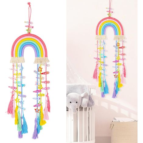 JeiibrZui Regenbogen-Haaraccessoire-Organizer - 23 x 60 cm - 1-teiliger Wand-Organizer mit Pompons - Dekoration für Mädchenzimmer für Haarnadeln und Haargummis (1/5)