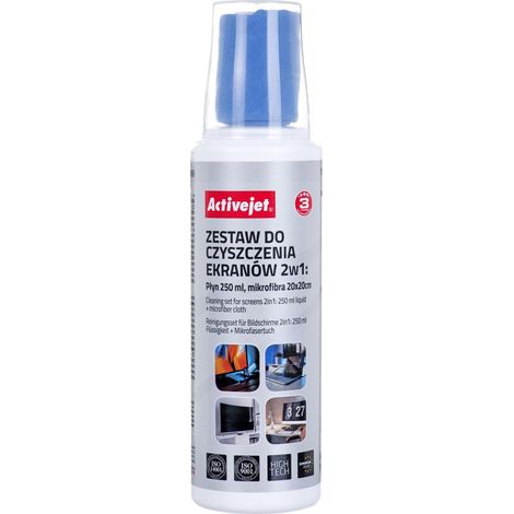 Activejet AOC-269 Liquid. Screen cleaning kit 2in1 250 ml. 20x20cm. Screen cleaner. plastic cleaner and microfiber cleaning cloth 20x20 cm (1/5)