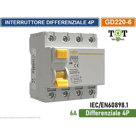 INTERRUTTORE MAGNETOTERMICO DIFFERENZIALE 6A PER BARRA DIN 4 MODULI 4P 220V-415VAC 30mA 6KA