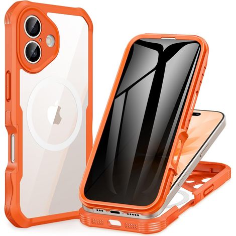 Magnétique Anti Espion Coque iPhone 17 [Compatible avec MagSafe] intégré 9H Verre Trempé Protection écran et Protection Caméra, 360° Antichoc Téléphone Housse Case Intégrale Etui - Orange (1/5)