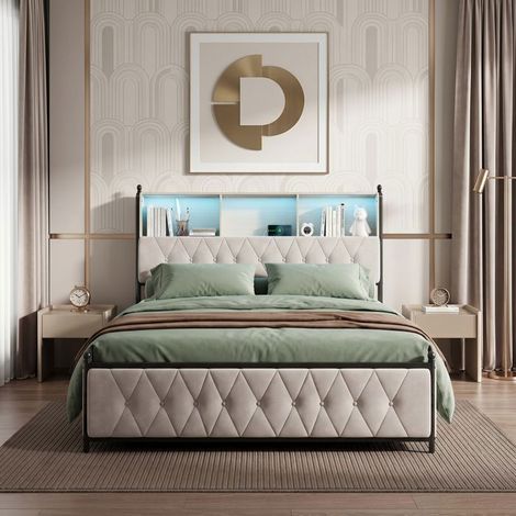 Letto 180x200 con rete, 4 cassetti, LED integrata, ricarica USB, testata del letto, letto matrimoniale con spazio di stoccaggio, velluto, beige