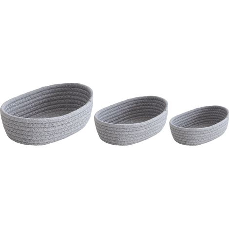 Lot de 3 paniers de rangement ovales de bureau en corde de coton tissée à la main, gris, pour maquillage et en-cas.