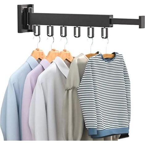 Portemanteau Mural Rétractable Avec Barre Porte-Serviettes,Pliable 1 Fois,Charge Max 20KG,Noir,Pour Balcon Et Chambre À Coucher (1/5)