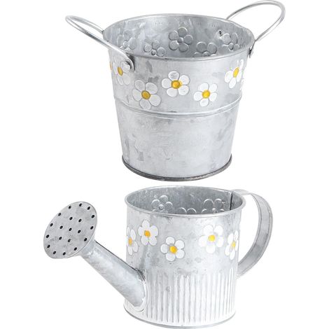 Seau à Fleurs Rétro en Fer Argenté 2 Pièces, Décoration Intérieur Créative et Multifonction pour Bureau ou Salle D'étude, Style Vintage et Moderne (1/5)