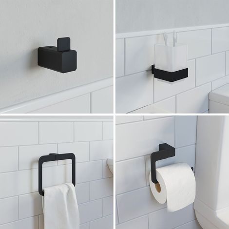 Bathroom Set Towel Ring Toilet Roll Holder Robe Hook Tumbler Black Square (1/5)