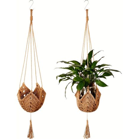 (2 pièces) 1 ou 2 suspensions pour plantes bohèmes en dentelle avec pompons, panier mural en jute crocheté avec crochets pour l'intérieur et l'extérieur du jardin (1/3)