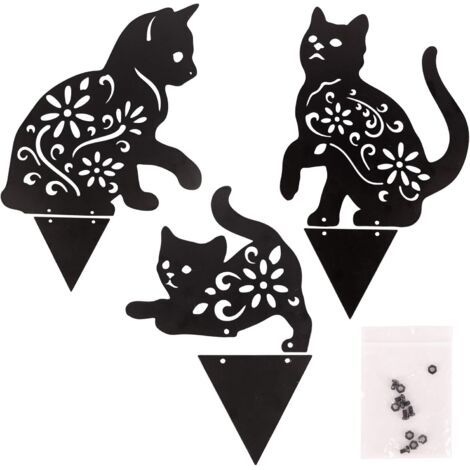 Décoration de jardin pour chat, lot de 3 silhouettes de chat en métal avec support fixe, décoration de chat de Pâques noire pour pelouse, porche, cour, décoration de jardin extérieur (1/4)