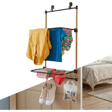 Relaxdays Wäscheständer Tür, zum Einhängen, 2 klappbare Flügel, 4 Haken, Bambus & Metall, Hängetrockner, schwarz/natur (1/5)