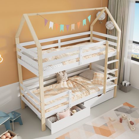 Letto a Castello 90x200 cm, Sponde Protettive, Cassetti Oversize, Legno, Bianco e Rovere, per Bambini(Senza Materasso) (1/5)