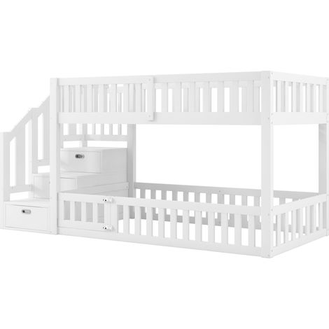 Lit superposé 90X200, échelle avec rangement, blanc (1/5)