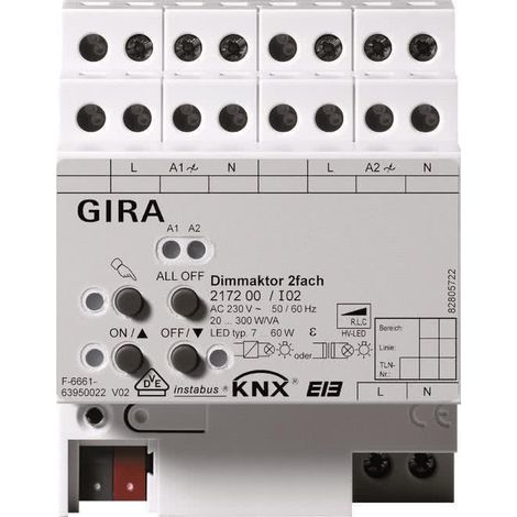 Gira Attuatore dimmer 2f 2 x 300 W/VA KNX REG [217200], 2172 00