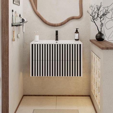 UEV Meuble Salle de Bain 80cm, Meuble Suspendu avec Lavabo en Céramique, Deux Tiroirs avec Grand Espace de Rangement, Poignée Cachée, Motif de Ligne, 80 x 45 x 50cm, Blanc