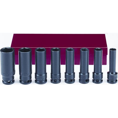 Coffret de 8 douilles à choc longues 3/8 – Acier chrome molybdène – Longueur 62 mm – Dimensions 8-19 mm – Force