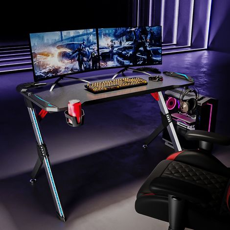 Bureau Gamer Lumière RVB 120 cm avec Porte-gobelet, Câble Rangement et Crochet pour Casque Table de Gaming Noir - SIRHONA
