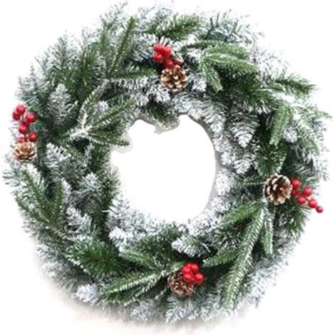 GHIRLANDA PINO VERDE INNEVATA 50CM BACCHE NEVE PIGNE CORONA ADDOBBI DI NATALE (1/2)