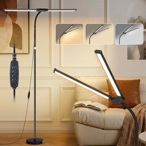 HEMVOR Lampadaire LED double tête 18 W, 3 couleurs de lumière, 10 niveaux d’intensité, col de cygne 360°, hauteur télescopique réglable, Noir (1/5)