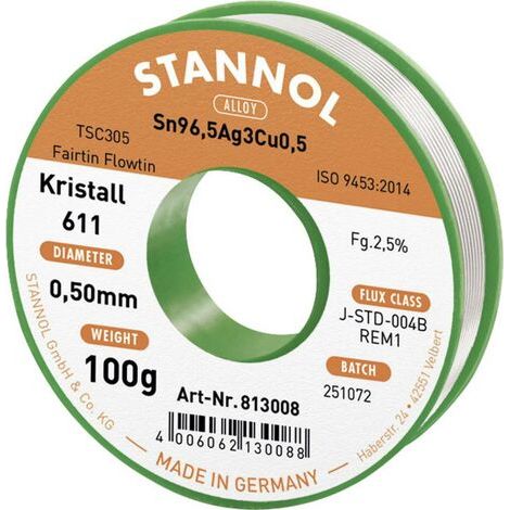 Stannol Kristall 611 Fairtin Étain à souder sans plomb sans plomb Sn96,5Ag3Cu0,5 REM1 100 g 0.5 mm (1/4)