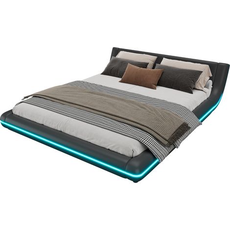 Letto Basso Matrimoniale in PU con LED Regolabile tramite App e Telecomando, 160 x 200 cm, senza Materasso, Nero (1/5)