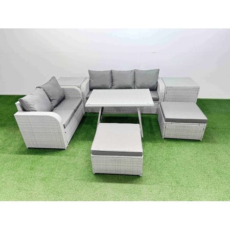 Fimous Outdoor PE Rattan Garden Furniture Set Rectangular Dining Table Sofa Set with 2 Big Stool 2 Side Tables Light Grey (1/4)