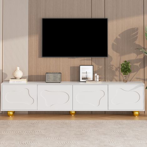 Meuble TV blanc 180 x 40 x 45 cm, 4 portes motif nuage, 2 rangements, 5 pieds boule en fer, charge 60 kg, TV 75 pouces (1/5)