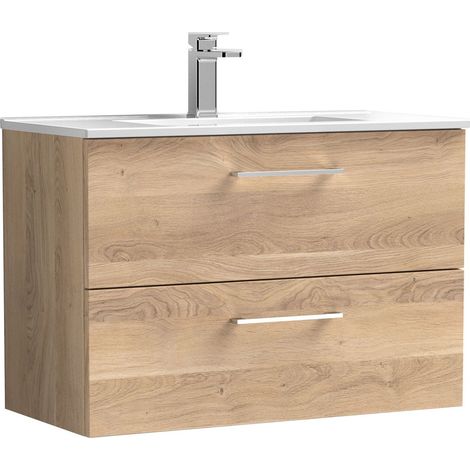 Balterley  Contemporary Bathroom 2 Soft Close Drawer & Minimalist Wall Hung Vanity Unit Basin, Bleached Oak, 800mm