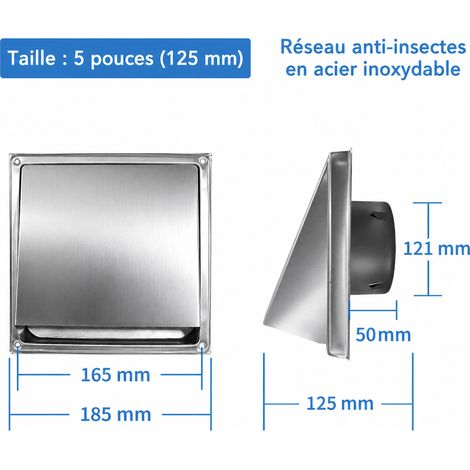 Grille d'aération murale 5 pouces 125 mm sans grille en acier inoxydable 304 avec clapet anti-retour 5 125mm réf 0699 19 × 19 × 12 cm 497 g – Livraison gratuite