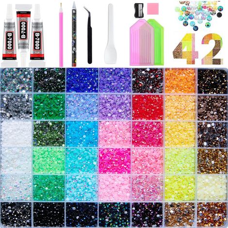 32.000 Strasssteine in 42 Farben, Set mit 3 mm großen, flachen, glänzenden Harzstrasssteinen, DIY-Strassstein-Set, inklusive Strasssteinstift, Pinzette, Schale und Werkzeugen, geeignet für Nagelkunst. (1/5)