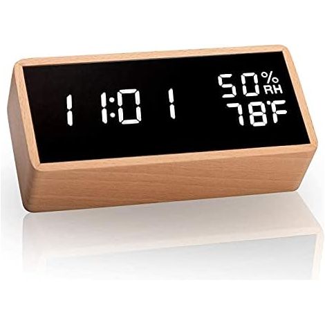 Electronic Alarm Clock, Wooden Digital Alarm Clock with 3 Alarm Settings, USB Powered Digital Clock with Time, Temperature and Humidity LED Display (Yellow)