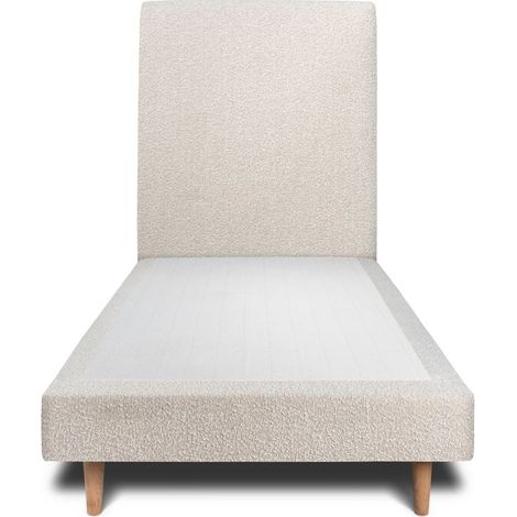 Lit 90x200cm avec tête de lit tapissier bouclette et sommier tapissier beige - Hauteur totale : 29cm (1/4)