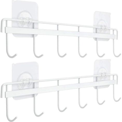 2-Piece Kitchen Utensil Holder, Kitchen Utensil Rack with 6 Hooks, No Drilling Storage Organizer for Kitchen/Bathroom (White) (1/5)