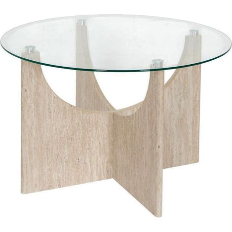 Table basse Ø70cm plateau verre et piétement en MDF aspect travertin - VERTINA (1/5)