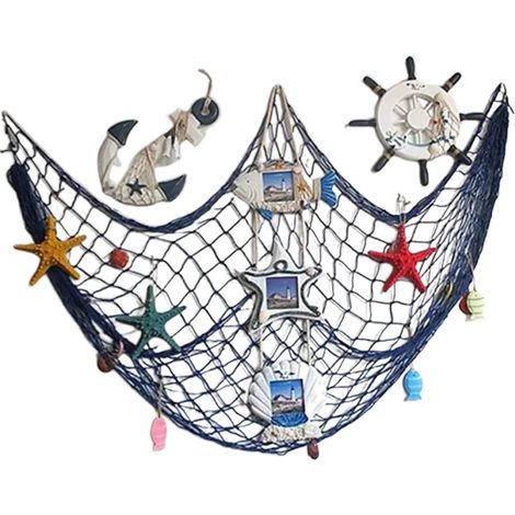 Filet De Peche - 200 X 150 Cm - Bleu - Coquillages - Suspension Murale Ou Plafond