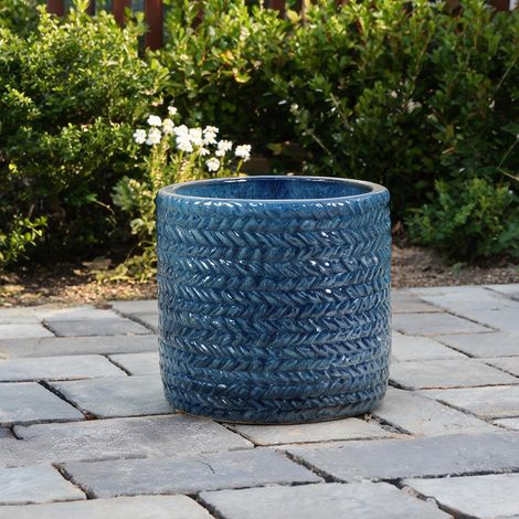 Pot de fleurs en céramique bleu foncé Ø17,5 cm motif chevrons (1/5)