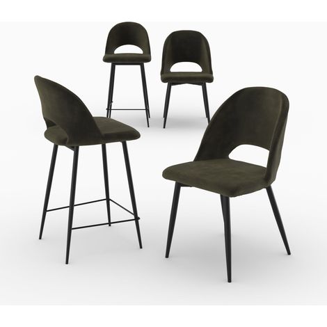 Pack 2 chaises et 2 chaises de bar 65 cm en velours vert - Pénélope (1/5)
