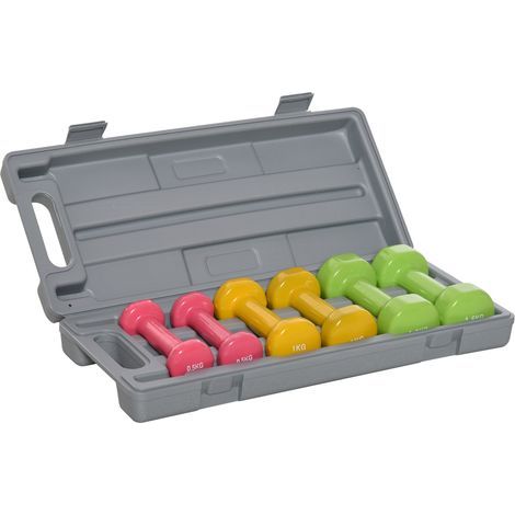 Ensemble de 6 haltères hexagonales (1,5 kg, 1 kg et 0,5 kg) avec revêtement en néoprène et étui de transport (43 x 18 x 7,5 cm, multicolore) (1/5)