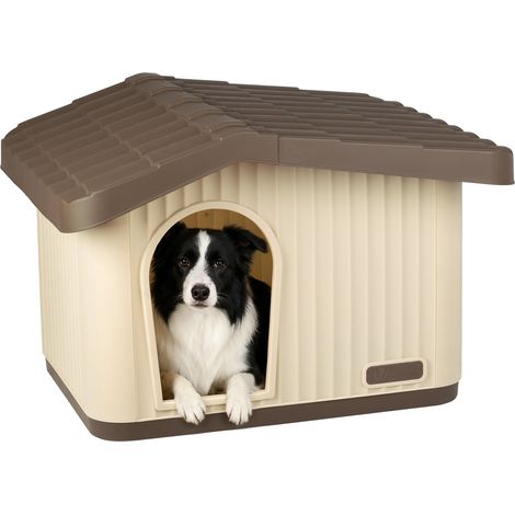VOUNOT® Maison pour chat chien niche en plastique imperméable 75x63x51cm - Toit incliné amovible - Extérieur et intérieur - Beige