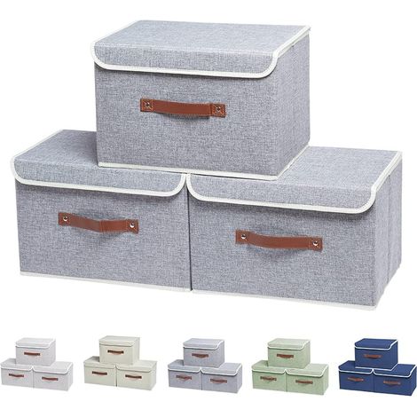 Juego de 3 cajas de almacenamiento plegables con tapa, color gris, con asa integrada, ideales para el salón o la habitación infantil. (1/5)
