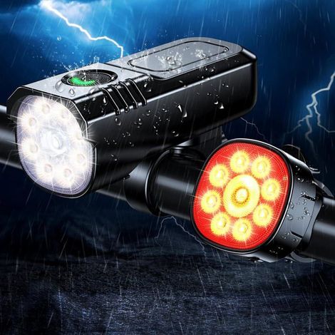 Éclairage vélo, [8+7 modes et 9+9 LED puissantes] Éclairage vélo rechargeable USB, lampe avant et arrière, pour le cyclisme (1/5)